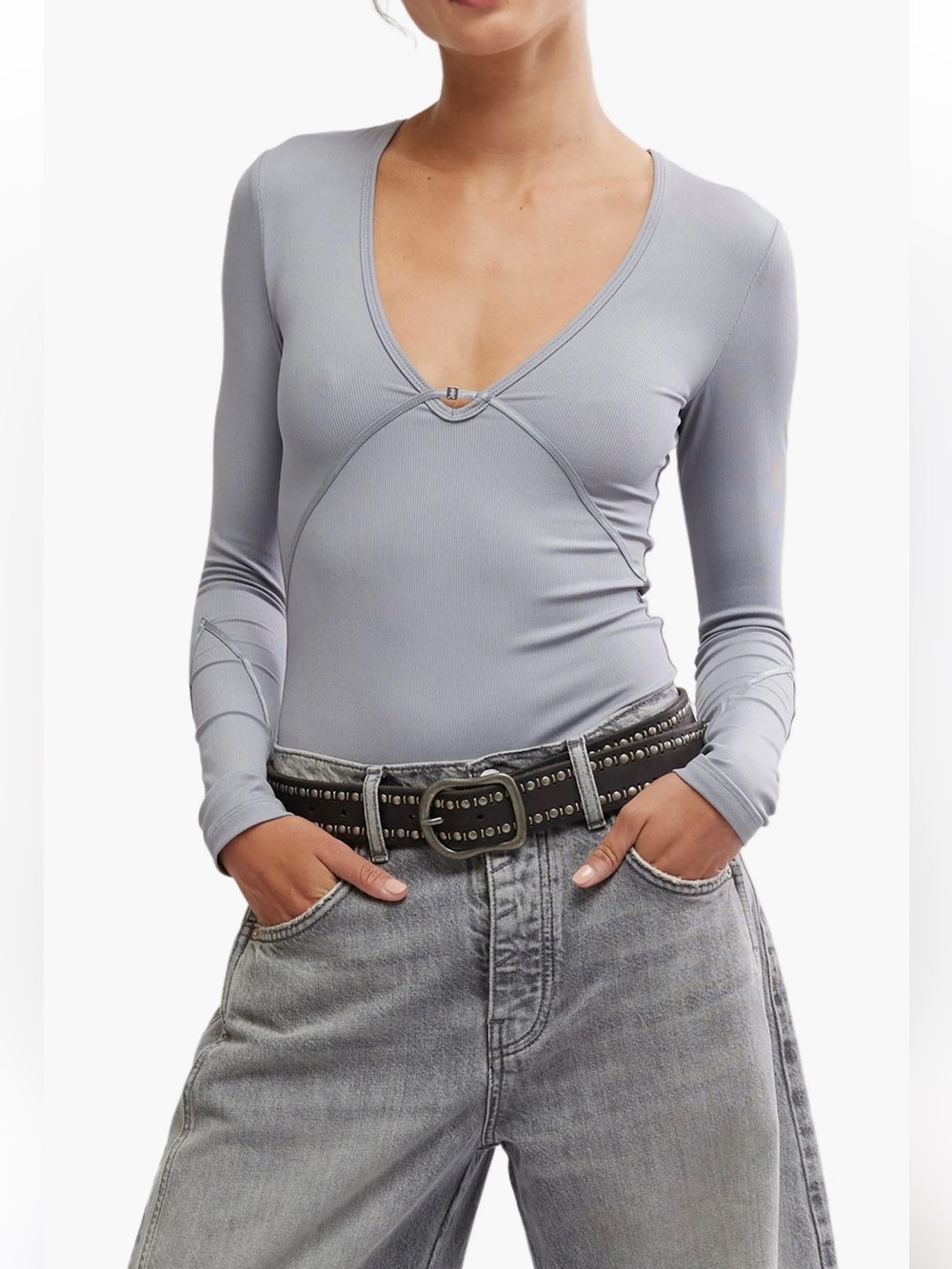 NWT Free People Intimately Victoria Rib Bodysuit Weathervane Grey S